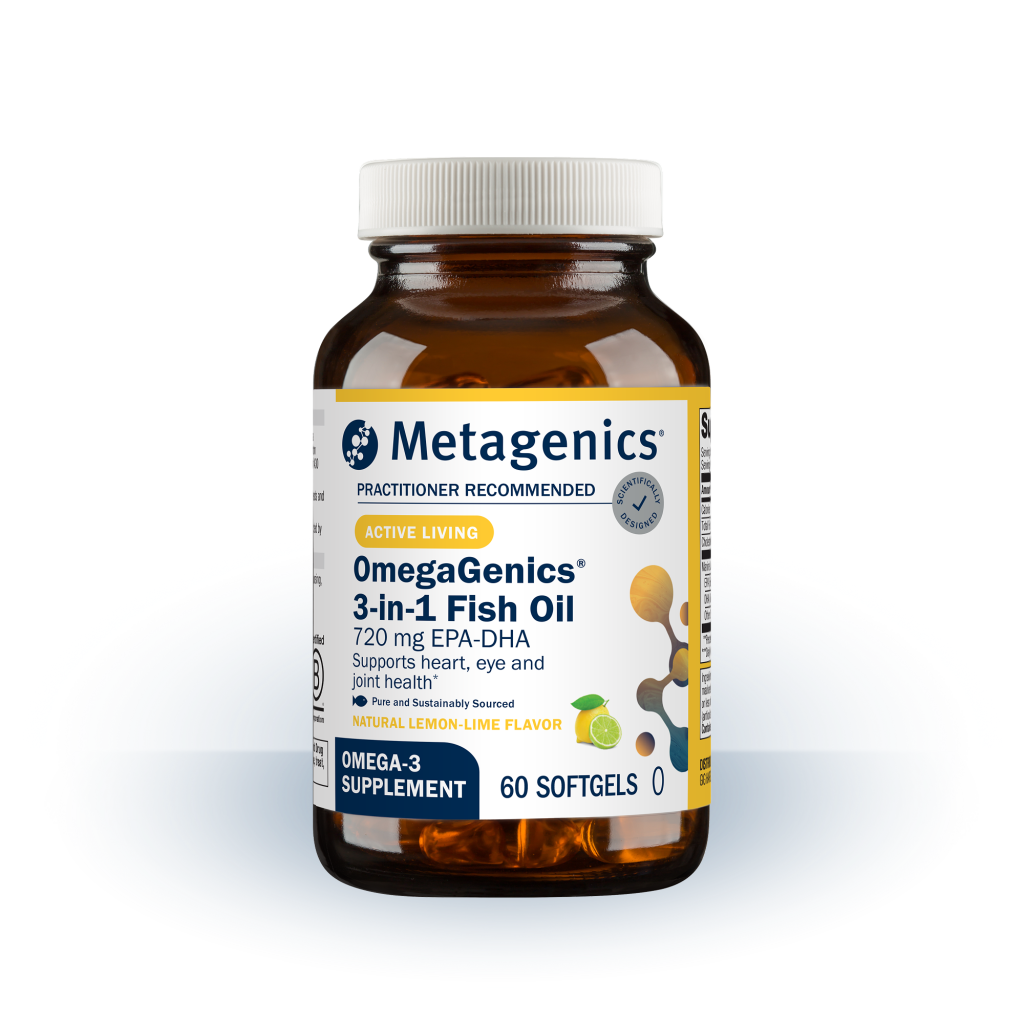 A bottle of Metagenics 3 in 1 fish oil.  Lemon lime flavored.  60 Count