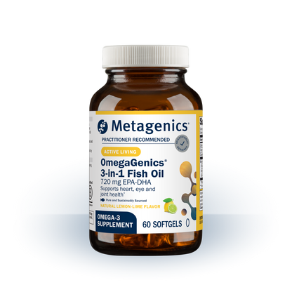 A bottle of Metagenics 3 in 1 fish oil.  Lemon lime flavored.  60 Count