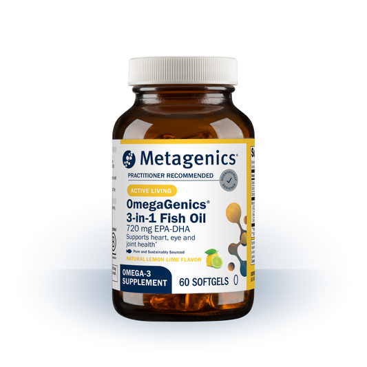 A bottle of Metagenics 3 in 1 fish oil.  Lemon lime flavored.  60 Count