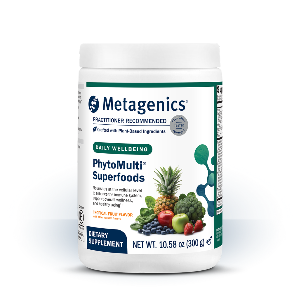 A canister of Metagenics Phytomulti Superfoods.  