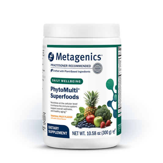 A canister of Metagenics Phytomulti Superfoods.  
