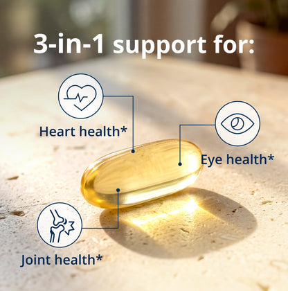 A picture of a softgel and wording that the softgel supports heart, eye, and joint health
