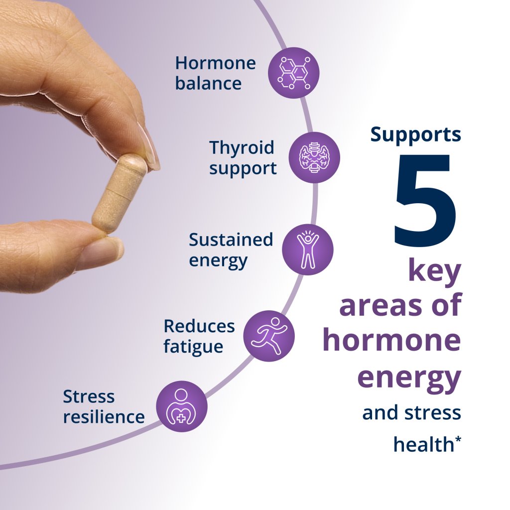 Diagram showing five key areas of hormone energy and stress health with a hand pointing to each area.