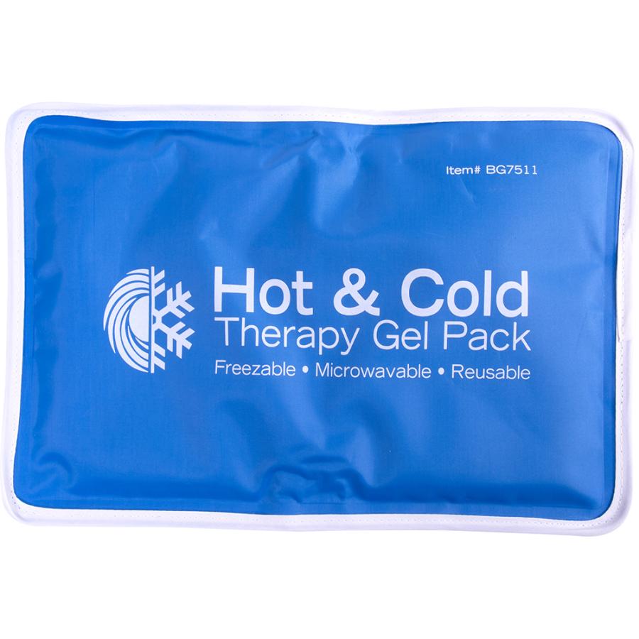 Blue hot and cold therapy gel pack with branding on a white background