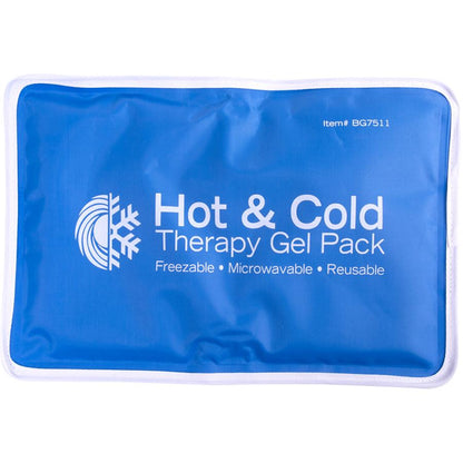 Blue hot and cold therapy gel pack with branding on a white background