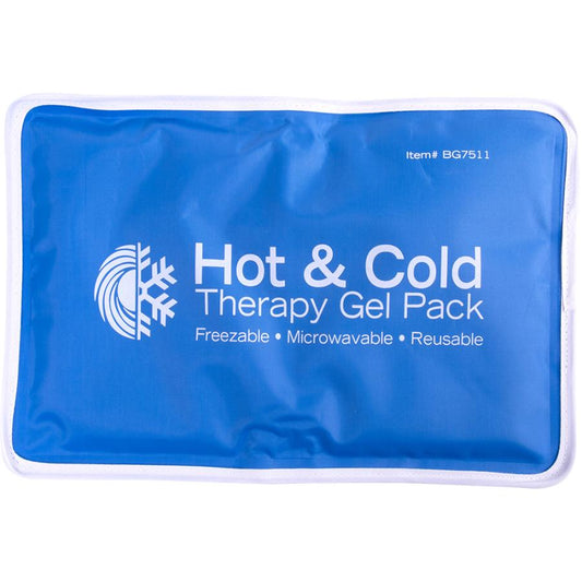 Blue hot and cold therapy gel pack with branding on a white background