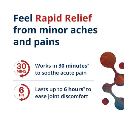 Information indicating that Rapid Relief works in 30 minutes to sooth acute pain and last up to 6 hours to ease joint discomfort