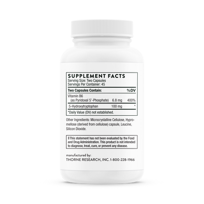 Supplement facts for a  bottle of Thorne 5-Hydroxytryptophan dietary supplement 
