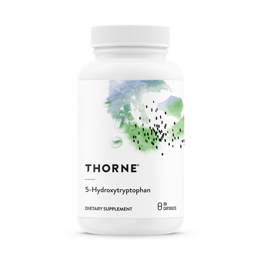 A bottle of Thorne 5-Hydroxytryptophan dietary supplement with a white label and green botanical designs.