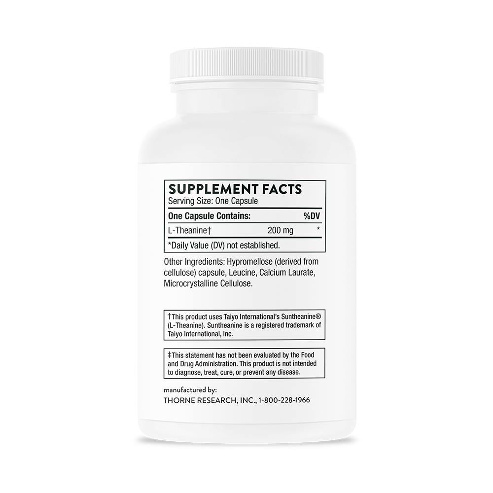 Supplement facts for a bottle of Thorne Theanine dietary supplement