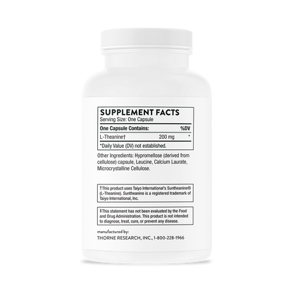 Supplement facts for a bottle of Thorne Theanine dietary supplement