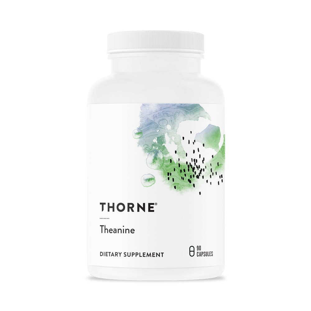 A bottle of Thorne Theanine dietary supplement with 60 capsules.