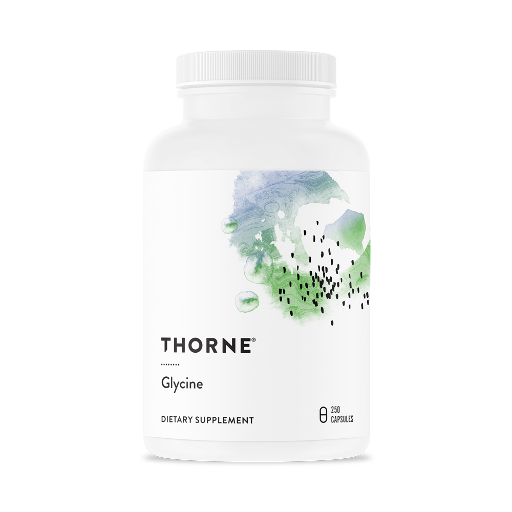 A bottle of Thorne Glycine dietary supplement with a label showing the brand name and product name, against a white background.