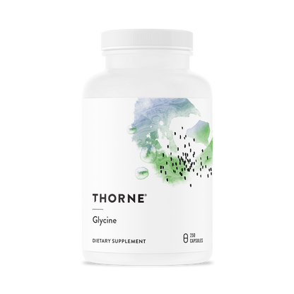 A bottle of Thorne Glycine dietary supplement with a label showing the brand name and product name, against a white background.