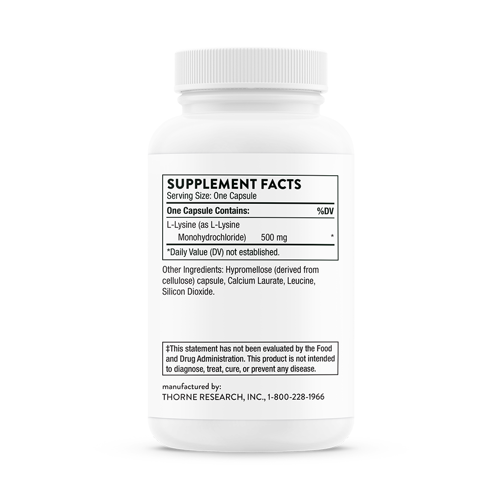 Supplement facts for a bottle of Thorne Lysine dietary supplement 