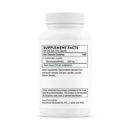 Supplement facts for a bottle of Thorne Lysine dietary supplement 