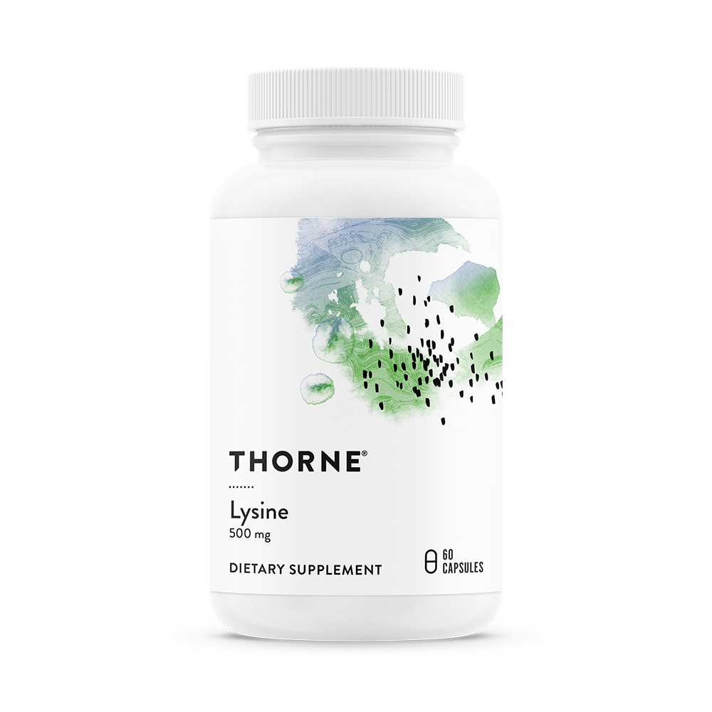 A bottle of Thorne Lysine dietary supplement with a white and green label.