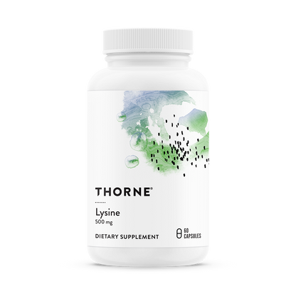 A bottle of Thorne Lysine dietary supplement with a white and green label.