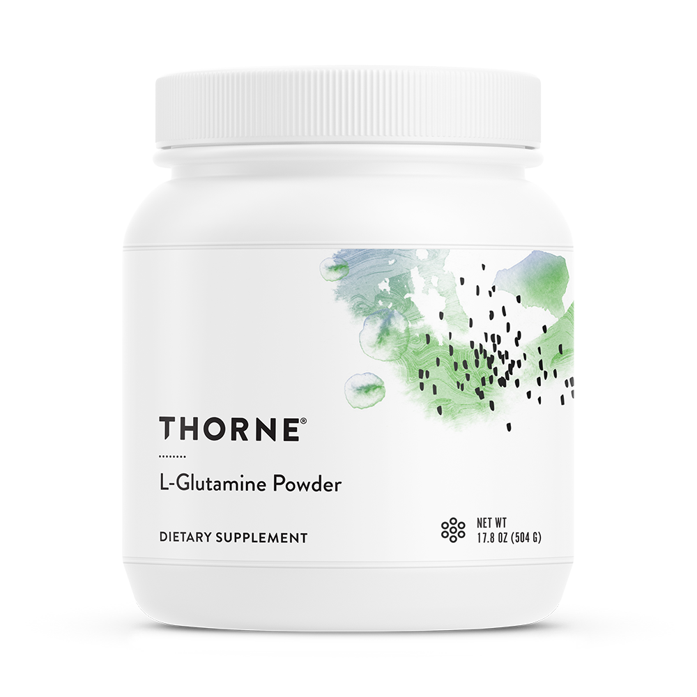 A container of Thorne L-Glutamine Powder, which is a white powder packaged in a white jar with a green leaf design.