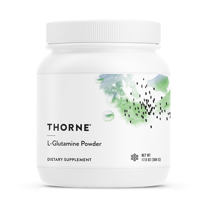 A container of Thorne L-Glutamine Powder, which is a white powder packaged in a white jar with a green leaf design.