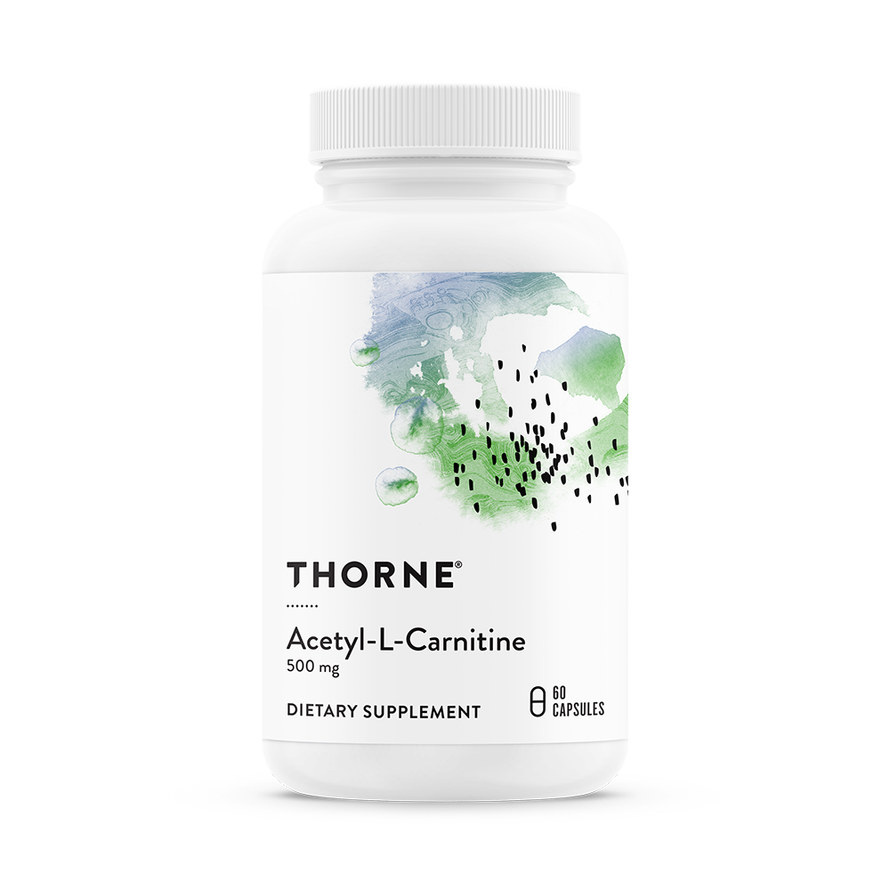 A bottle of Thorne Acetyl-L-Carnitine dietary supplement with 60 capsules, labeled 500 mg strength.