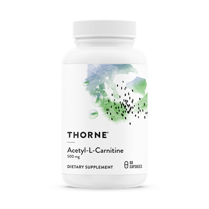 A bottle of Thorne Acetyl-L-Carnitine dietary supplement with 60 capsules, labeled 500 mg strength.