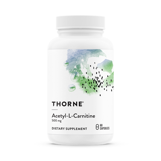 A bottle of Thorne Acetyl-L-Carnitine dietary supplement with 60 capsules, labeled 500 mg strength.