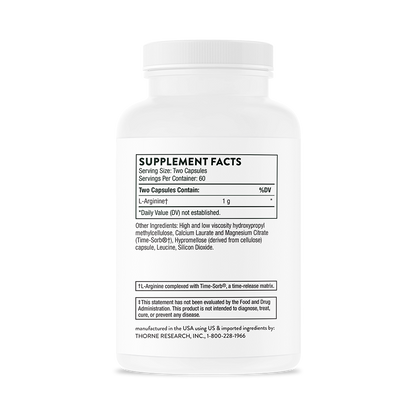 Supplement facts for a bottle of Thorne L-Arginine dietary supplement