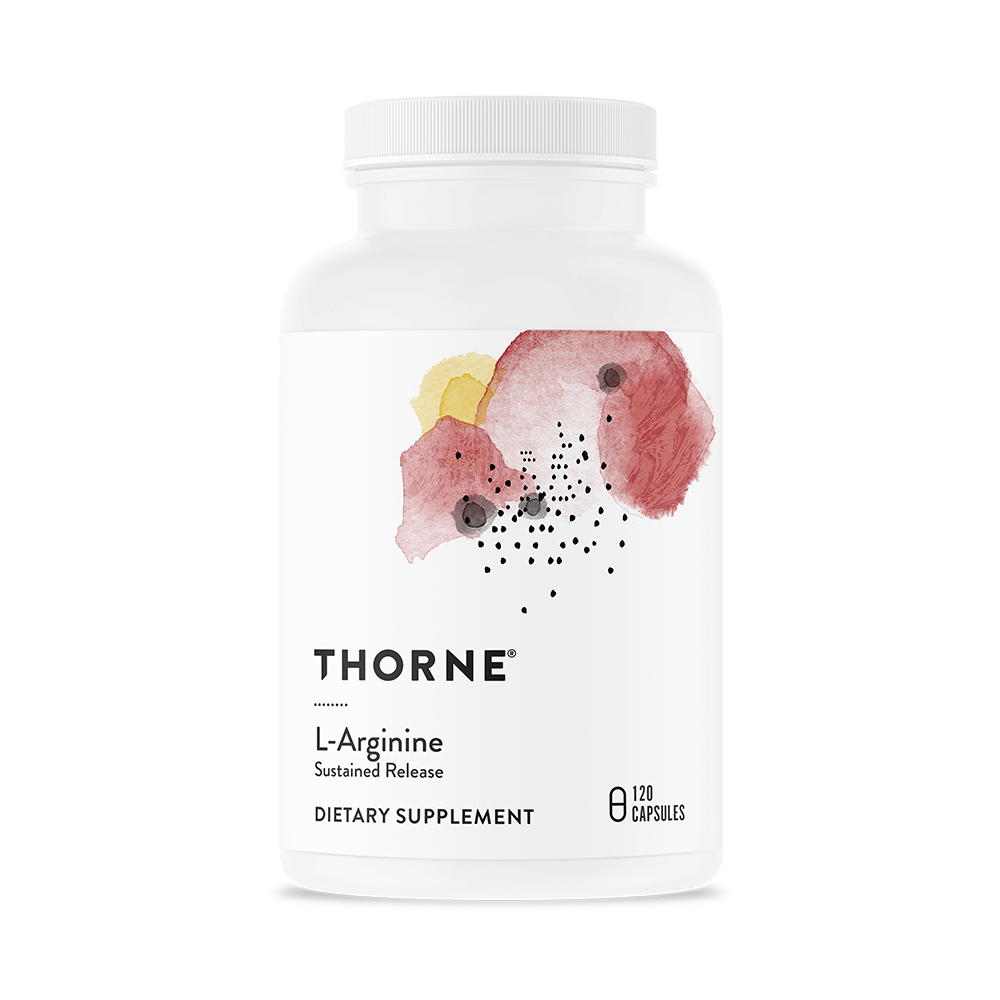 A bottle of Thorne L-Arginine dietary supplement with a white label and floral design.