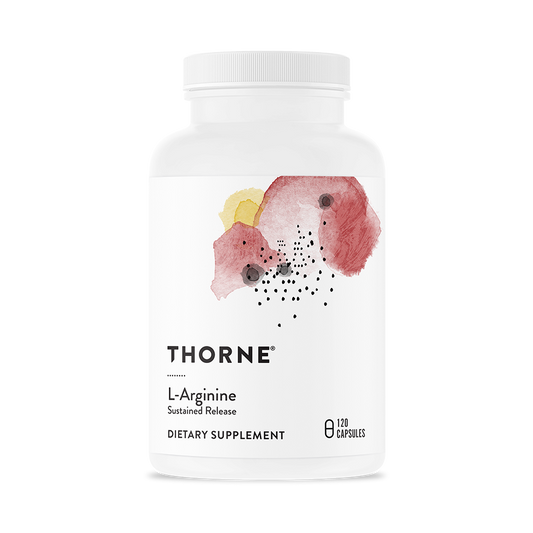 A bottle of Thorne L-Arginine dietary supplement with a white label and floral design.