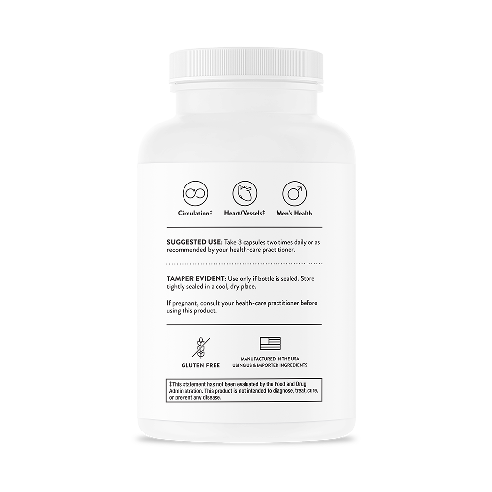 Suggested use for a bottle of Thorne L-Arginine Plus dietary supplement 
