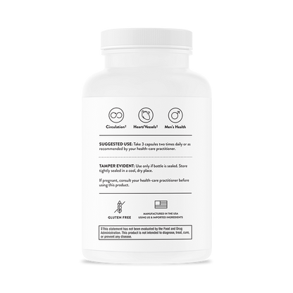 Suggested use for a bottle of Thorne L-Arginine Plus dietary supplement 