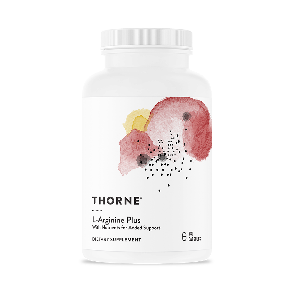 A bottle of Thorne L-Arginine Plus dietary supplement with a design of cells and nutrients on the label.