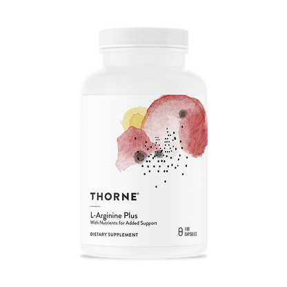 A bottle of Thorne L-Arginine Plus dietary supplement with a design of cells and nutrients on the label.