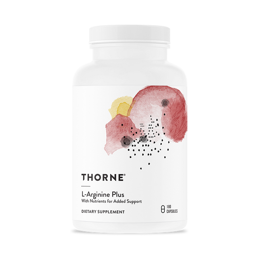 A bottle of Thorne L-Arginine Plus dietary supplement with a design of cells and nutrients on the label.