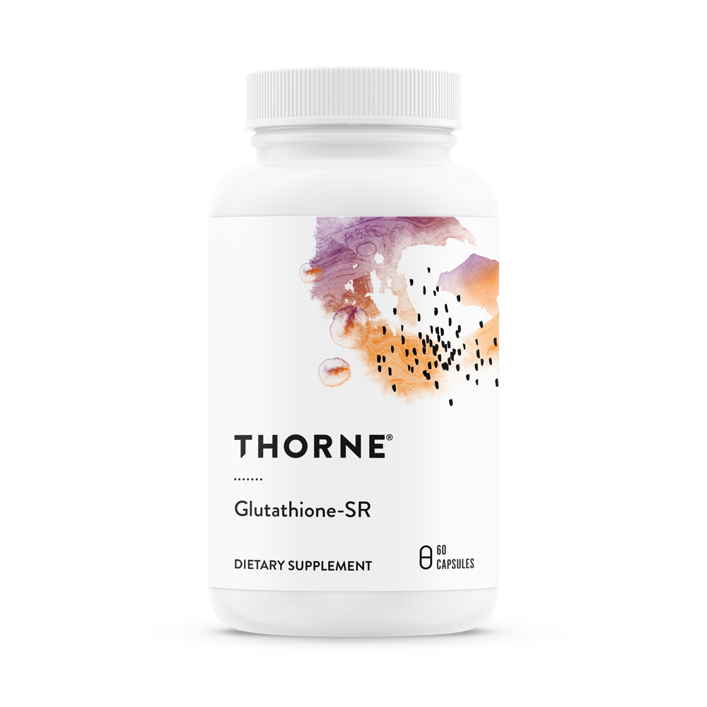 A bottle of Thorne Glutathione-SR dietary supplement with a white label and purple to orange gradient design.