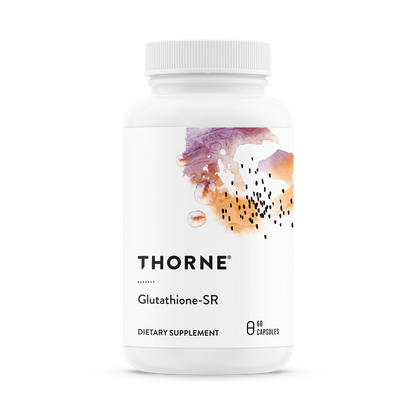 A bottle of Thorne Glutathione-SR dietary supplement with a white label and purple to orange gradient design.