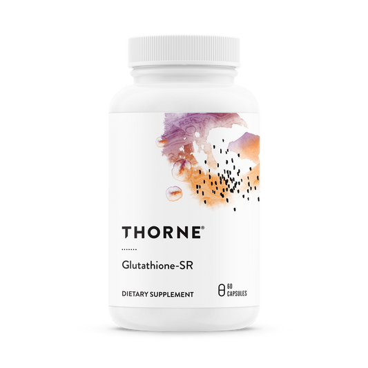 A bottle of Thorne Glutathione-SR dietary supplement with a white label and purple to orange gradient design.