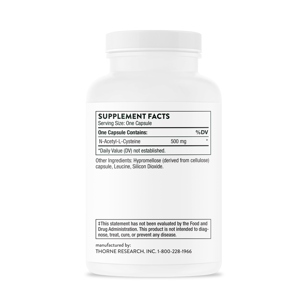 Supplement facts for a bottle of Thorne NAC (N-Acetylcysteine) dietary supplement  