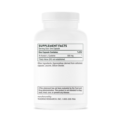Supplement facts for a bottle of Thorne NAC (N-Acetylcysteine) dietary supplement  