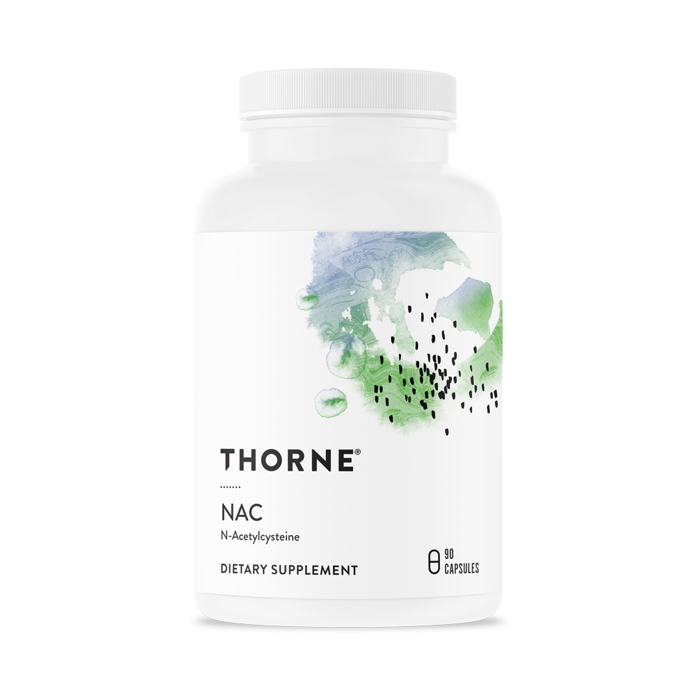 A bottle of Thorne NAC (N-Acetylcysteine) dietary supplement with a white label and green and blue design elements.