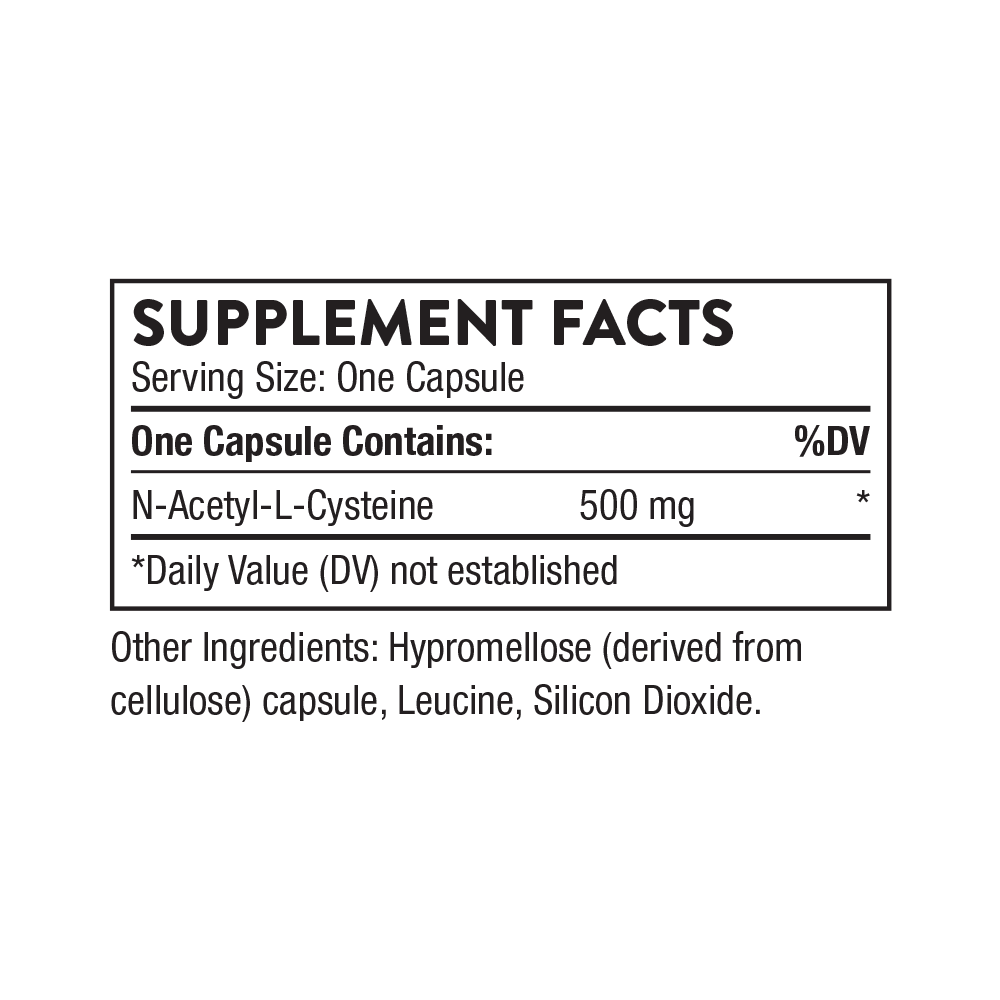 Supplement facts label for a capsule containing N-Acetyl-L-Cysteine on a white background.
