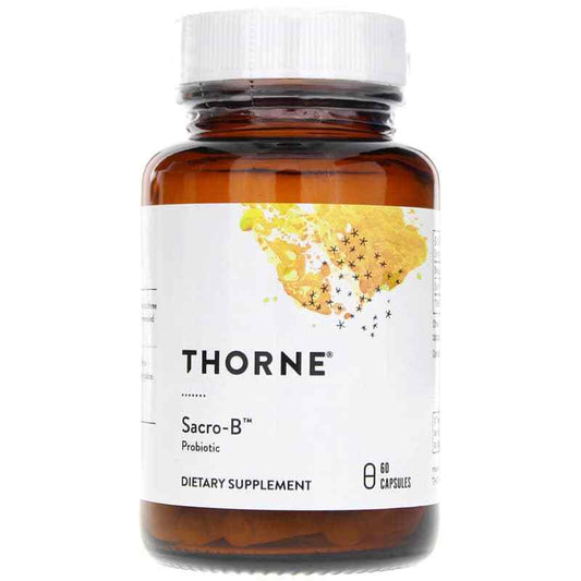 A bottle of Thorne Sacro-B Probiotic dietary supplement with a white label and a honeycomb pattern in the background.