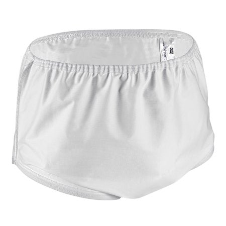 A white Sani-Pant Protective Underwear with a large pull-on waistband, made of nylon and plastic, designed for incontinence.