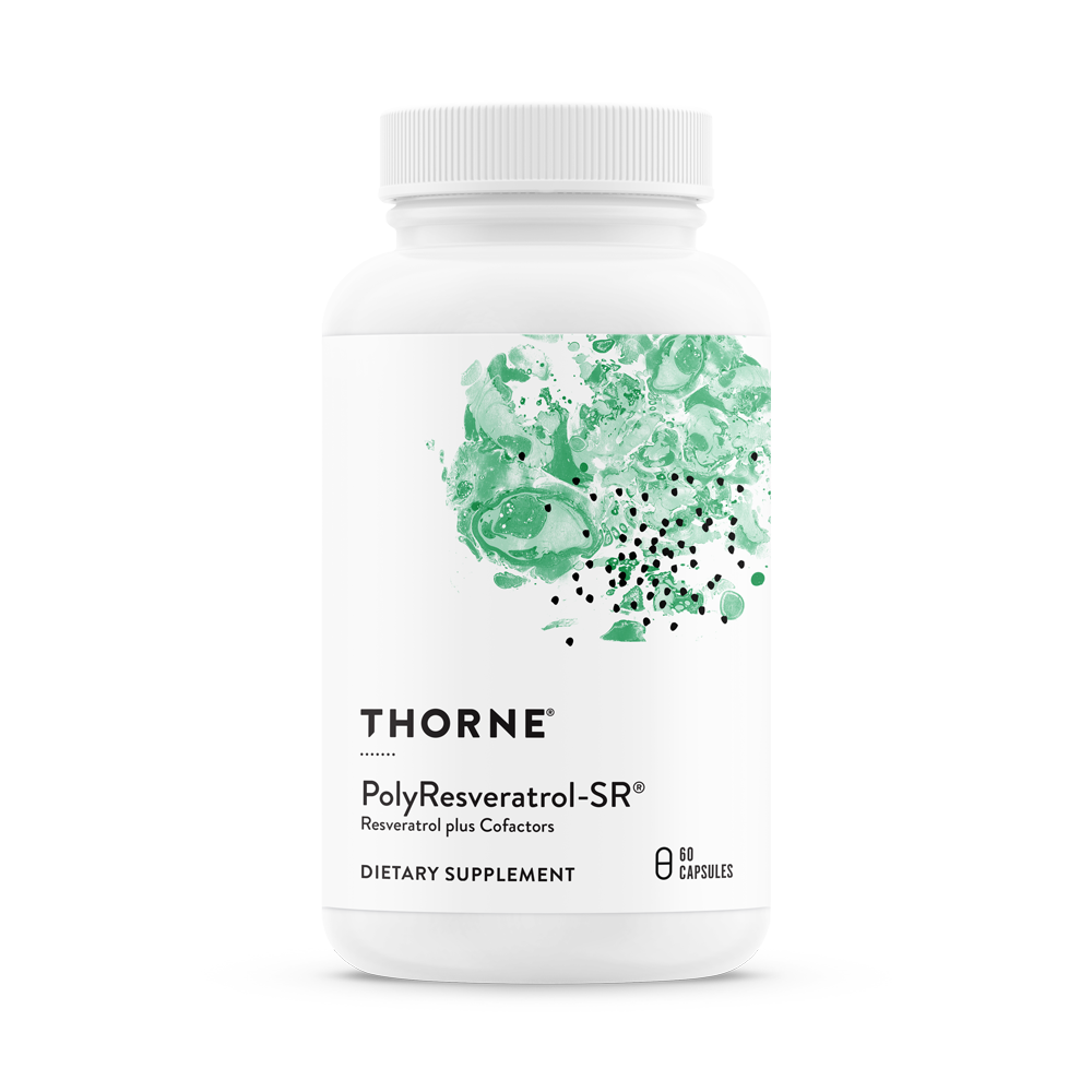 A bottle of Thorne PolyResveratrol-SR dietary supplement with a green leaf design on the label.