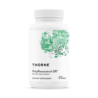 A bottle of Thorne PolyResveratrol-SR dietary supplement with a green leaf design on the label.