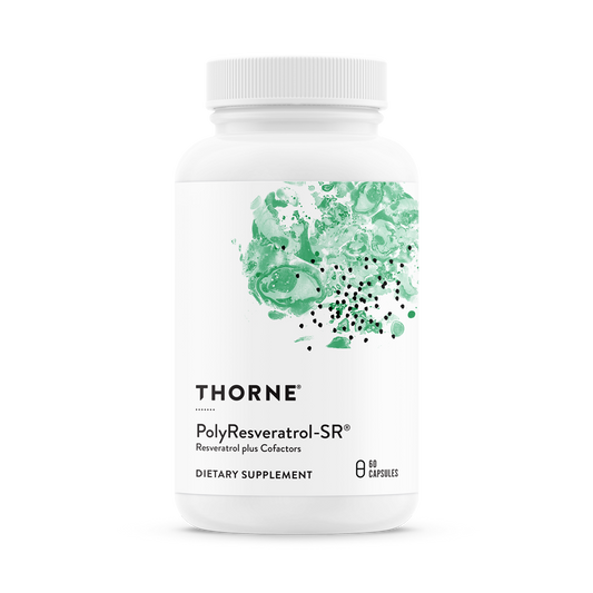 A bottle of Thorne PolyResveratrol-SR dietary supplement with a green leaf design on the label.