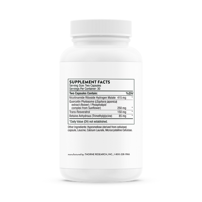 Supplement facts for a bottle of Thorne Resveracel  dietary supplement