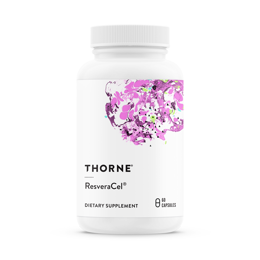 A bottle of Thorne Resveracel dietary supplement with a purple design on the label.