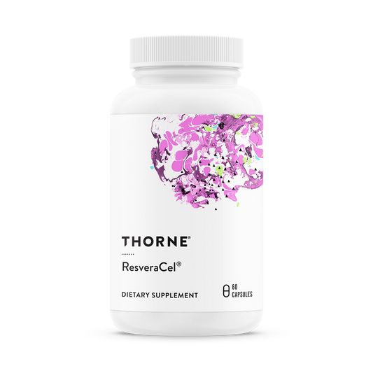 A bottle of Thorne Resveracel dietary supplement with a purple design on the label.